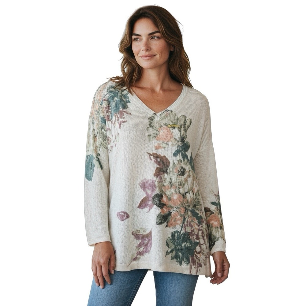 J. Jill‎ Sweater Lightweight White Floral Print V Neck Linen Blend Size S